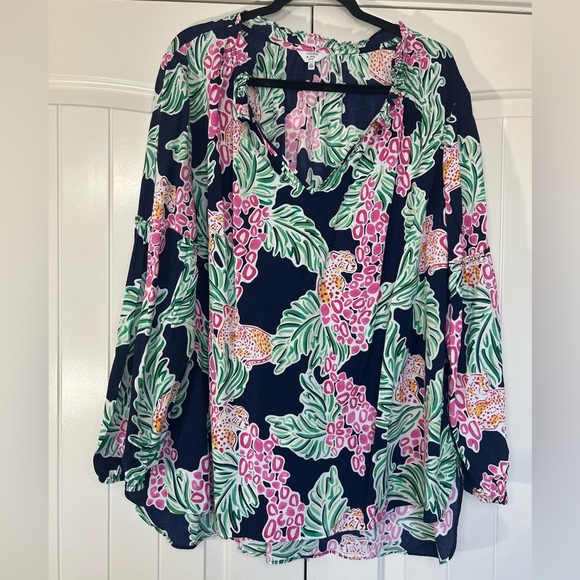 Crown Ivy Navy/Floral/Animal Print Peasant Blouse.Long Sleeves.Size 2X #tropical - Picture 1 of 7
